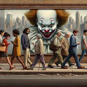 People walk thoughtfully through the streets passing by a poster...