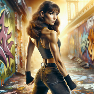 Athletic Thin skinny Attractive, Asian teenage girl, long brown hair and bangs, wearing tight skinny jeans and a halter top paint marks on her clothing, heroic pose Asian graffiti background, backside view