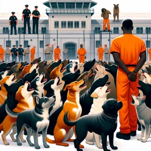 A group of dogs vocally responding to an African-American indivi...