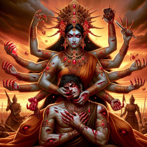 Portrait of angry and gorgeous goddess durga slaying mahishasur by carrying him like a baby and stabbing him with her red long nails.  Goddess Durga should have eight arms. she should wear Gold jewelry all over the body. Mahishasur should have wounds all over his body. mahishasur should be smaller in size compared to Goddess durga. Background is an intense battlefield. reddish hue everywhere and sunset in the background.  Epic scene. 4k, HDR. Photography