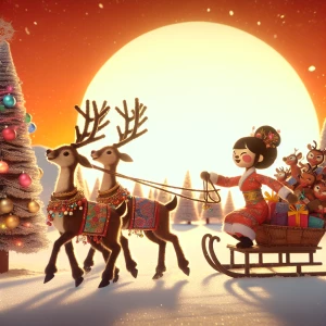 Christmas themed animation about reindeers pulling a sled with a...