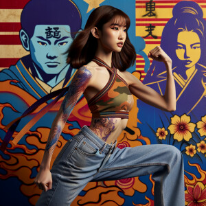 Very thin Athletic Thin skinny Attractive, Asian teenage girl, long brown hair and bangs, wearing tight skinny jeans and a halter top paint marks on her clothing, heroic sideways pose Asian graffiti background