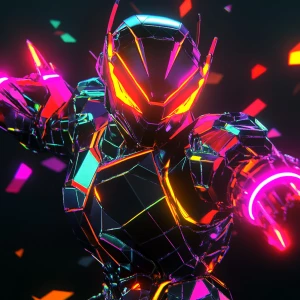 Create a low-polygon count alien warrior character featuring bright neon block-like armor and sharp, glowing laser claws. This character is engaged in combat within a vintage 1990s 3D video game style arena reminiscent of the 3DO Interactive Multiplayer console graphics.