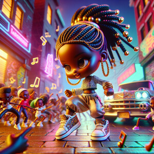 “A hyper-realistic, glossy chibi-style African American girl wit...