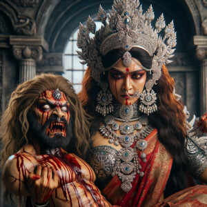 photograph of angry looking, gorgeous goddess durga cosplayer carrying a weak mahishasur in her two arms. She is wearing a huge silver crown, red saree, abundant silver jewelry, covered in blood. The scene is set in ancient India. The image is 8K resolution, cinematic, ultra detailed face and epic.