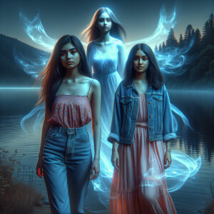Two girls are standing by the lake at night and souls are flying...