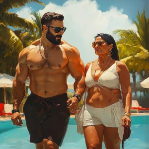 Realism art style,a muscular beefy sweaty man  walking with his...