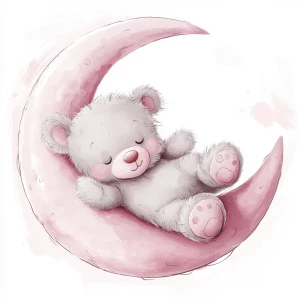 A cute, cartoon teddybear lies on a stylized, rosy-pink crescent moon. The teaddy bear is light gray with large, round, pink-spotted ears.  Its body is round and he has expressive eyes.  its facial expression is happy and friendly. The teddy bears leg and foot are visible, and its posture is relaxed, slumped in the curve of the moon. it's stomach is lying down on the moon with left arm and leg showing hanging down. The moon is a soft, shaded pink, with watercolor-like texture and subtle shading. The background is white. The image is in a child-friendly style, showcasing delicate line work and color palettes. The composition is centered on the teddy bear which is positioned on the moon, giving the moon a hug with closed eyes. The overall style is sweet, whimsical, and reminiscent of children's book illustrations.  The colors are pastel and soothing, creating a gentle atmosphere.