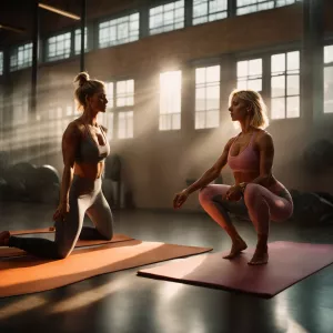 “Two stunning women in a high-energy, steamy yoga session in a m...