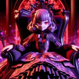 A girl named lilith wearing elegant gothic lolita dress  sitting on the thrones, red purple aura, smirk evil, 3D, humanlike