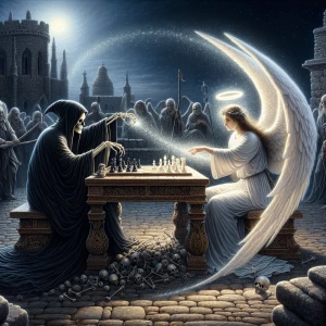 Grim  Reaper is sitting at a table playing chess  against an ang...
