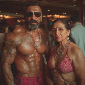 Hyperrealism photo painting,A sweaty beefy kashmiri man walking...