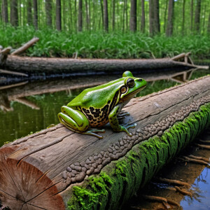 A frog sat on a log watching a hog, HDR, masterpiece, ultra-det...
