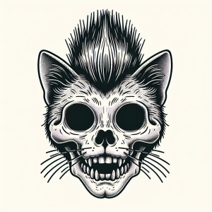 A drawing of a cat face as a skeleton smiling with a Mohawk
