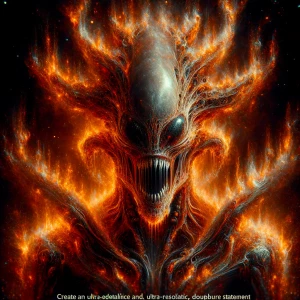 Double exposure horror fire entity, in the style of Yautja's (Hu...