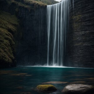 Floating waterfall made of thin slate stone segments interlocked...