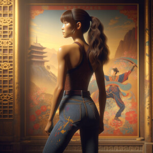 Athletic Thin skinny Attractive, Asian teenage girl, long brown hair and bangs, wearing tight skinny jeans and a halter top paint marks on her clothing, heroic pose Asian graffiti background, backside view