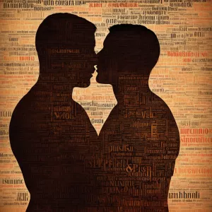 A silhouette of a two muscle men in an intimate embrace, created...