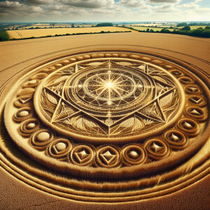 hyperrealistic image of a crop circle with intricate geometric p...