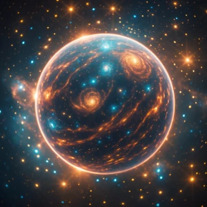 A shimmering, ominously radiant cosmic entity, its surface dotte...