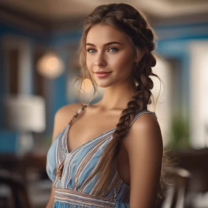 Caucasian girl with braided brown hair and blue eyes. She has a sensual smile that make men drool. She’s wearing a low cut sundress.