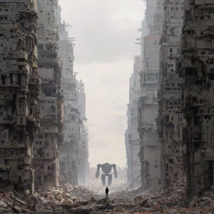 A vast, abandoned cityscape. Crumbling buildings fill the enviro...