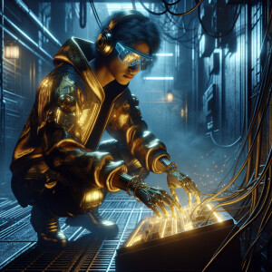 In a dimly lit alley, a gilded satellite hacker crouches with fi...