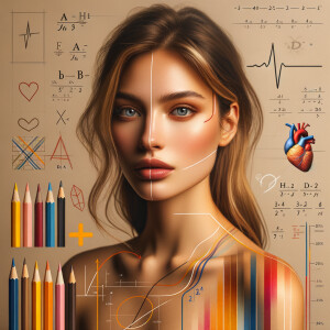 Abstract, minimalist, painting, with pencil line, paint stroke, gestures, colorful marks, mathematical equations, electrical cardiogram, printouts complex math formulas, dna asian teen girl