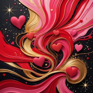 "Imagine an explosion of vibrant, swirling colors merging in an abstract dance of red, pink, and gold. Heart shapes subtly emerge and dissolve within the strokes, while intricate patterns symbolize love and connection. Flecks of light sparkle throughout, embodying the warmth and passion of Valentine's Day."