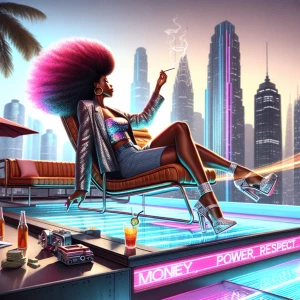 Reclining on a futuristic rooftop lounge, a curvy African Americ...