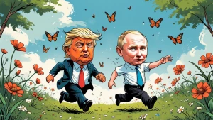 Trump and Putin in children roles, running through a flower fiel...