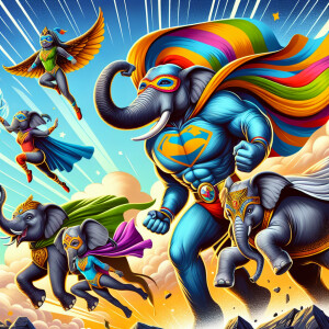 Elephants wearing superhero costumes and doing superhero things