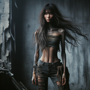 Skinny and thin Asian teen girl wearing skin tight jeans that are worn and frayed, long hair and bangs heroic ready to fight stance