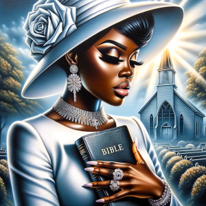 Render an airbrush oil painting of an African American woman with flawless makeup in a
contemplative pose, holding a Bible close to her heart, dressed in an elegant Sunday Best
outfit with a distinctive Church Hat. The background features a peaceful church garden,
with light filtering through the trees, highlighting her spiritual connection and the personal
moment of reflection. The artwork should capture the tranquility of the scene, the beauty
of her attire, and the depth of her contemplation, reflecting a serene and spiritually