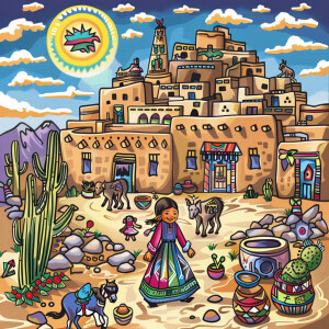 Generate an image that represents Pueblo culture for a coloring...