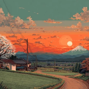 Japanese countryside during sunset Hokusai style