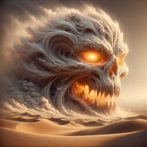 A massive sandstorm twisting into the form of a mythical desert...