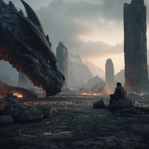 Ultra-photorealistic, cinematic wide shot of a lone dragonrider...