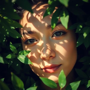 A close-up portrait of a serene person surrounded by lush greene...