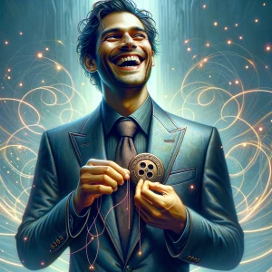 A guy in a suit is laughing at the button that is on the suit th...