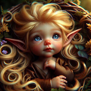 An elven baby with dark brown skin, blue eyes, and blonde hair.