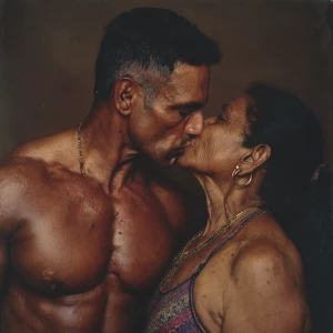 hyperRealism photo painting.a muscular sweaty indian man stand...