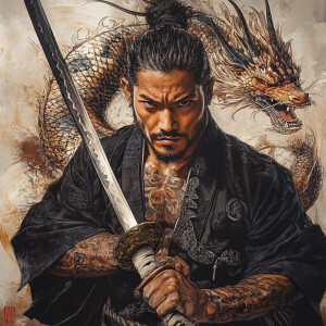 A fiercely determined Okinawan ronin, embodying the essence of a...
