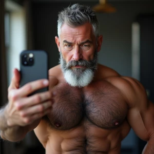 The image shows a middle-aged man with a muscular, hairy physiqu...