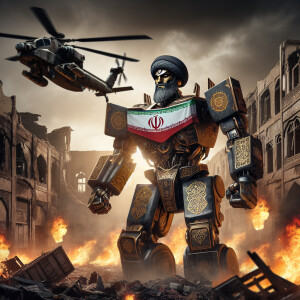 Iran as a transformer character, adorned with Persian King armor...