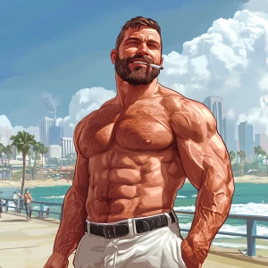 White muscular thin man with beard, big chin, smile and cheekbon...