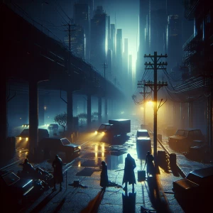 Visualize a dystopian cityscape cloaked in the eerie silence of...