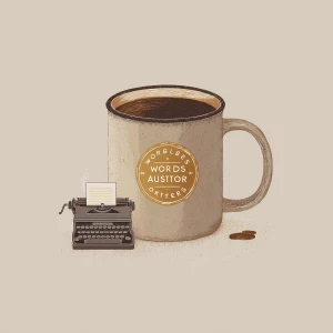 Minimalist vintage-style coffee mug illustration for writers, bo...