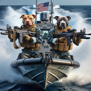 Two pit bulls, the pit bulls are US Navy sailors in battle gear,...