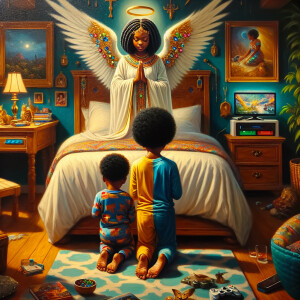 An oil painting of two African-American children with dark skin,...